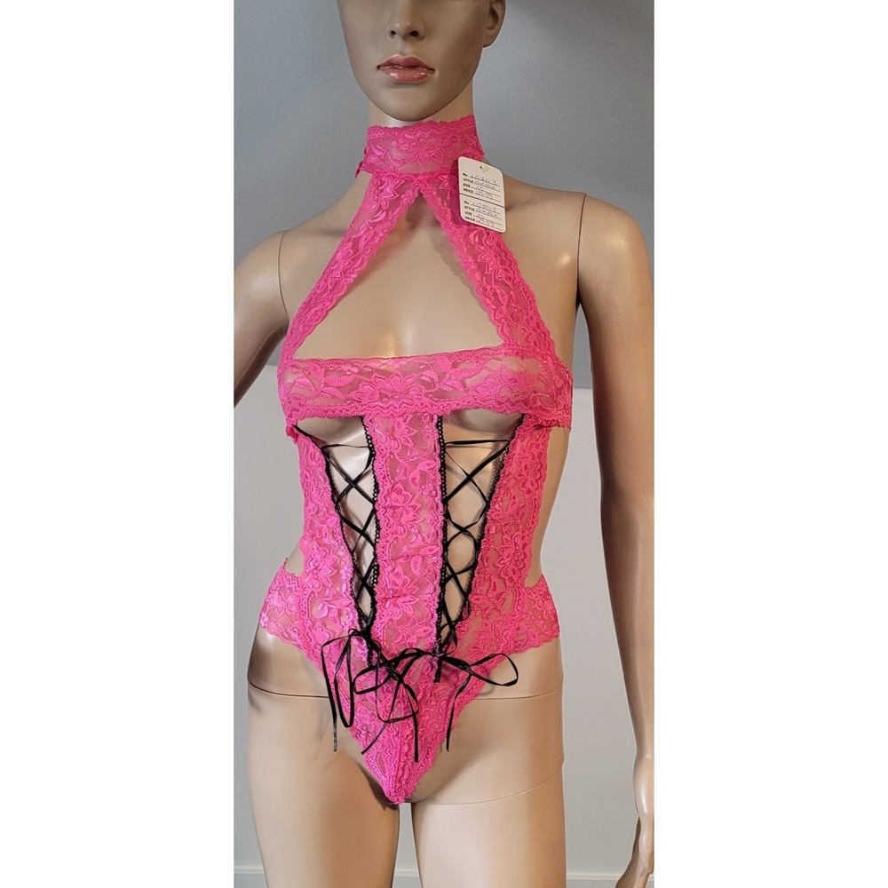 Hot Pink Lace Halter Teddy with Black Lace-Up Detail